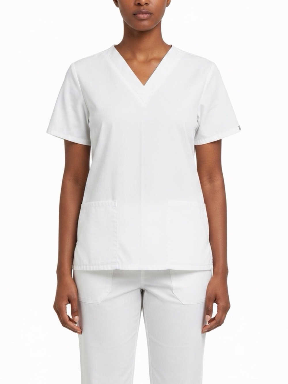 White V-Neck Scrub Top with Front Pockets